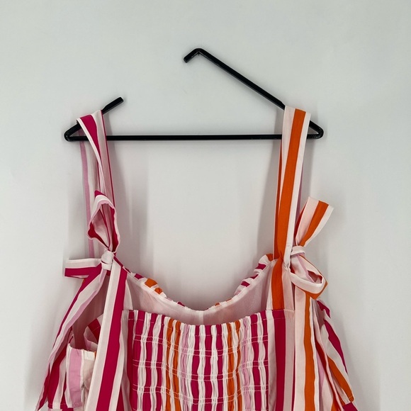 H&M Tie Long Strap Striped Flared Midi Dress In Cerise Striped - Picture 7 of 12
